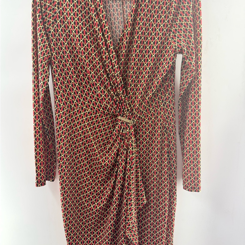 Michael Kors Red and Black Geometric Long Sleeve Dress